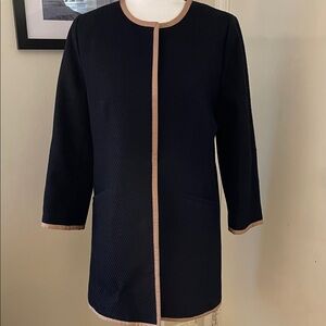 Talbots Black Duster Jacket with Tan Trim
